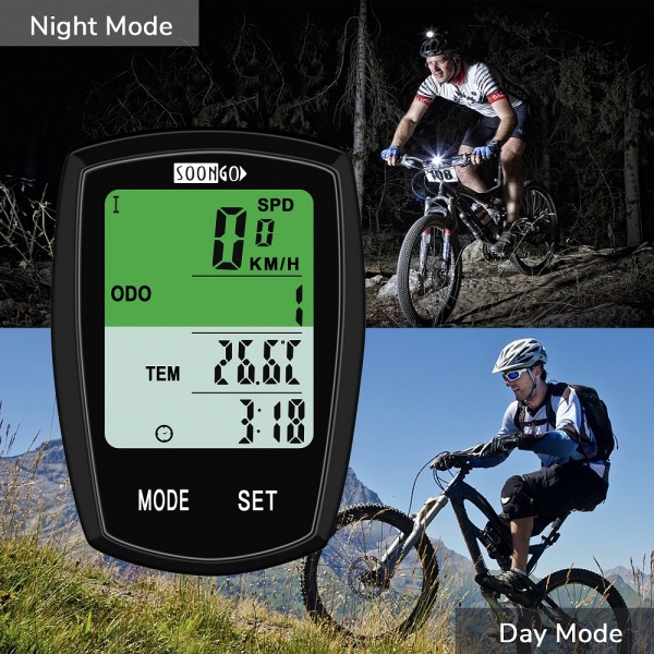 SOON GO Bicycle Speedometer Wireless Bike Computer Cadence IPX6 Waterproof Bike Odometer Speedometer Multi-Functions with Backlight, Temperature, Bicycle A/B, Stop Watch, Calorie Counter SOON GO Bicycle Speedometer Wireless Bike Computer Cadence IPX6 Waterproof Bike Odometer Speedometer Multi-Functions with Backlight, Temperature, Bicycle A/B, Stop Watch, Calorie Counter