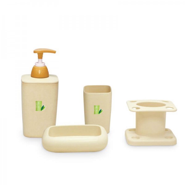 Bamboo Fiber Plastic Bathroom Accessory Set, Bath Accessory Set With Stylish Lotion Bottle, Toothbrush Holder, Tumbler And Soap Dish Bamboo Fiber Plastic Bathroom Accessory Set, Bath Accessory Set With Stylish Lotion Bottle, Toothbrush Holder, Tumbler And Soap Dish